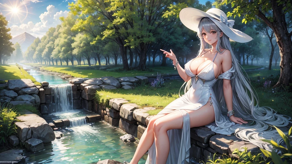 1girl, solo, rural landscape, village, trees, sun, water stream, clouds, fantasy, silver hair, long hair, huge breasts, nipples, white dress, ((short dress)), silver high heels, cleavage 1:3, elegant white hat, brown eyes, smile, looking at the viewer, sitting on a stone, golden necklate