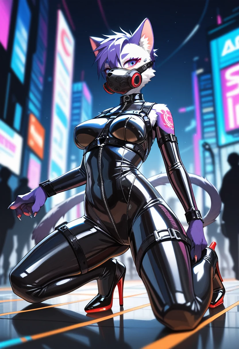 Highest quality, Highest quality, High quality illustrations, masterpiece, Ultra-high resolution, Detailed Background, Cyber City, Absurd, Perfect Anatomy, performance, Good lighting, Shadows in the movies(kemono, Furry PersonifiCation), Furry, Cat, Rubber Suit, neon, neonカラー, cyber punk, Tattoo, High heels, Full Head Mask, The head is covered in rubber, Rubber Head, Harness, Kneeling, Dynamic Angle