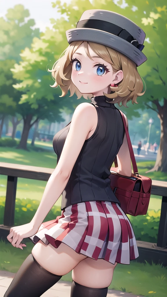 Masterpiece, perfect lighting, (beautiful, Best quality: 1.3), Perfect eyes, perfect anatomy, absurd, 8k, ccserena, solo, short hair, smile, in loved, (gray hats: 1.2), earrings, eyelashes, blue eyes, gray sweater, vest , sleeveless turtleneck, bare arms, plaid skirt, red skirt, thigh highs, black stockings, from behind, in the park at day