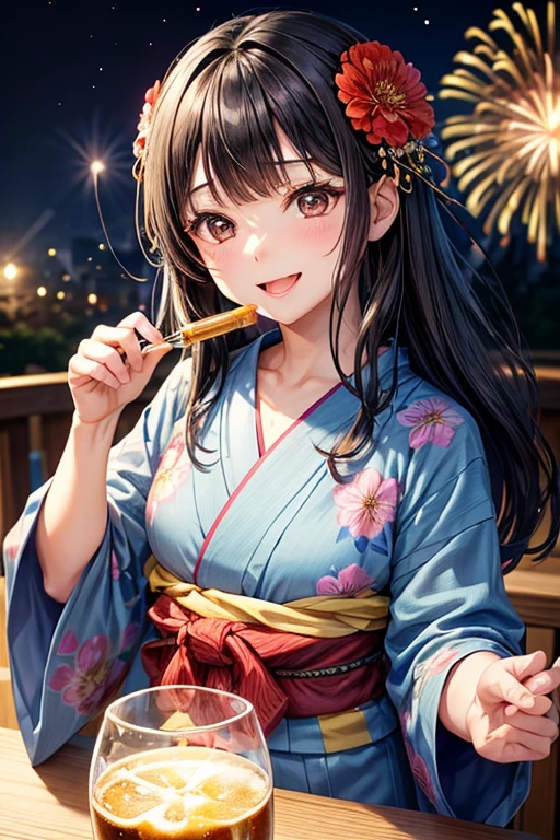 One adult woman,Small ,Black Hair,Medium Long,flower_hair ornaments,Dark brown eyes,light blue_yukata,flower柄_yukata,night,firework,A very happy expression,Mouth wide open,smile,Toasting with beer,Beer with bubbles,I have one beer