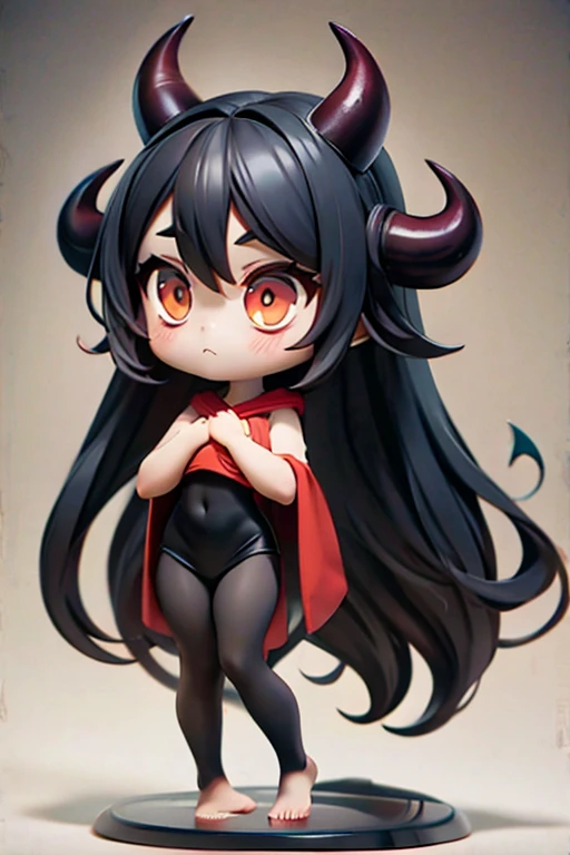 Young Girl,,Mini character,Red eyes,Black Hair,Long Hair,Dark atmosphere,Deformed character,Horns growing,Devil horns,Ahoge,Pale skin,eyes are half closed,Troubled face,Shoulder sticking out,Tight-fitting clothing,Yoga Suit,barefoot,barefoot,School Swimsuit,School swimsuit