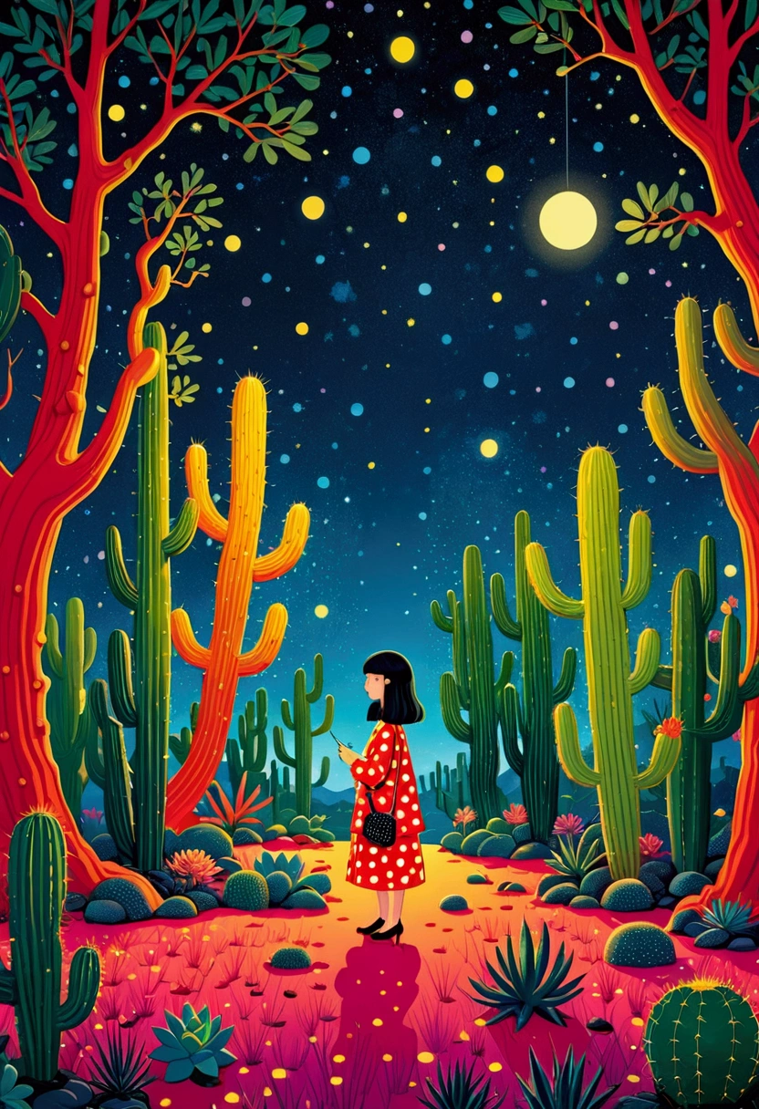 Flat illustration,Dot、line、Neon,cactus,Tree、firefly,Dreamy colors,Illustration style(Artists can refer to Yayoi Kusama)