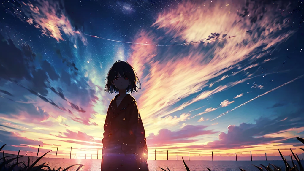 Starry Sky, After the Rain, horizon , In the sky,Lens flare, colorful,coat,Put your hands in your pockets,(student, 18-year-old, ＪＫ, Her short silver hair sways, Pale skin, Lack of eye sparkle) Looking up at the sky, Beautiful sky, There is an ocean,White Street,The scenery is beautiful, 広いLooking up at the sky, I see the wind blowing and shining, In the sky there is a noon moon and a noon star,From below, BREAK ,quality(8k,Highly detailed CG unit wallpaper, masterpiece,High resolution,top-quality,top-quality real texture skin,surreal,Increase the resolution,RAW Photos,highest quality,Very detailed,wallpaper,Cinema Lighting,Ray Tracing,Golden Ratio),Have a long-term perspective