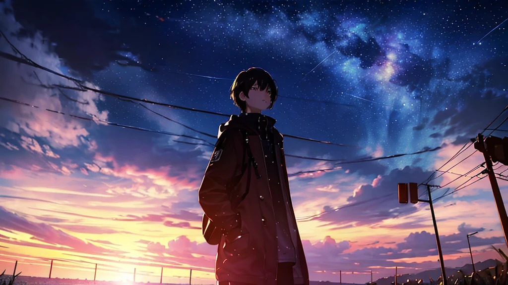 Starry Sky, After the Rain, horizon , In the sky,Lens flare, colorful,coat,Put your hands in your pockets,(student, 18-year-old, ＪＫ, Her short silver hair sways, Pale skin, Lack of eye sparkle) Looking up at the sky, Beautiful sky, There is an ocean,White Street,The scenery is beautiful, 広いLooking up at the sky, I see the wind blowing and shining, In the sky there is a noon moon and a noon star,From below, BREAK ,quality(8k,Highly detailed CG unit wallpaper, masterpiece,High resolution,top-quality,top-quality real texture skin,surreal,Increase the resolution,RAW Photos,highest quality,Very detailed,wallpaper,Cinema Lighting,Ray Tracing,Golden Ratio),Have a long-term perspective