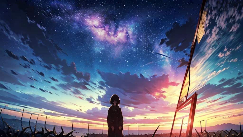 Starry Sky, After the Rain, horizon , In the sky,Lens flare, colorful,coat,Put your hands in your pockets,(student, 18-year-old, JK, Her short silver hair sways, Pale skin, Lack of eye sparkle) Looking up at the sky, Beautiful sky, There is an ocean,White Street,The scenery is beautiful, 広いLooking up at the sky, I see the wind blowing and shining, In the sky there is a noon moon and a noon star,From below, BREAK ,quality(8k,Highly detailed CG unit wallpaper, masterpiece,High resolution,top-quality,top-quality real texture skin,surreal,Increase the resolution,RAW Photos,highest quality,Very detailed,wallpaper,Cinema Lighting,Ray Tracing,Golden Ratio),Have a long-term perspective