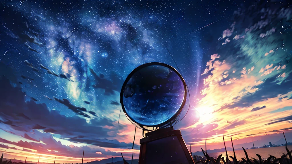 Starry Sky, After the Rain, horizon , In the sky,Lens flare, colorful,coat,Put your hands in your pockets,(student, 18-year-old, JK, Her short silver hair sways, Pale skin, Lack of eye sparkle) Looking up at the sky, Beautiful sky, There is an ocean,White Street,The scenery is beautiful, 広いLooking up at the sky, I see the wind blowing and shining, In the sky there is a noon moon and a noon star,From below, BREAK ,quality(8k,Highly detailed CG unit wallpaper, masterpiece,High resolution,top-quality,top-quality real texture skin,surreal,Increase the resolution,RAW Photos,highest quality,Very detailed,wallpaper,Cinema Lighting,Ray Tracing,Golden Ratio),Have a long-term perspective