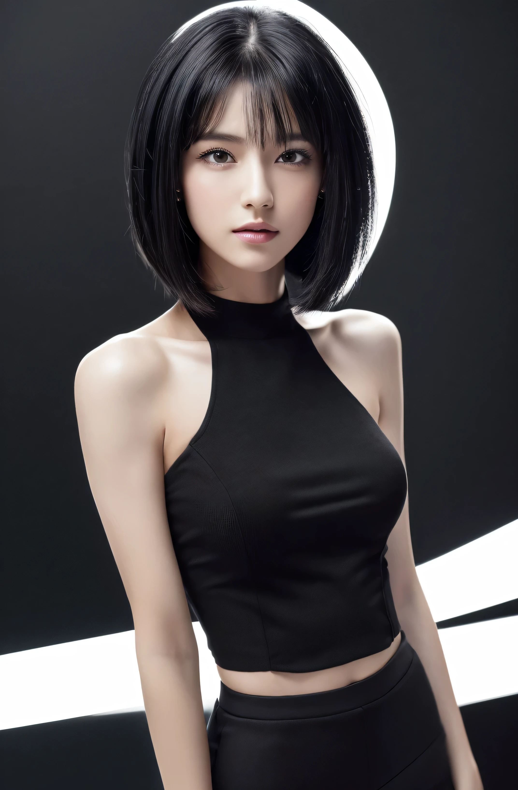 ((highest quality, 8k, masterpiece: 1.3)), whole body, Clear Focus: 1.2, Excellent style: 1.4, Slim Abs: 1.2, ((Black Hair, big: 1.2)), Black Tank Top, Highly detailed face and skin texture, Fine grain, double eyelid, short hair, broun color hair, japanese girl