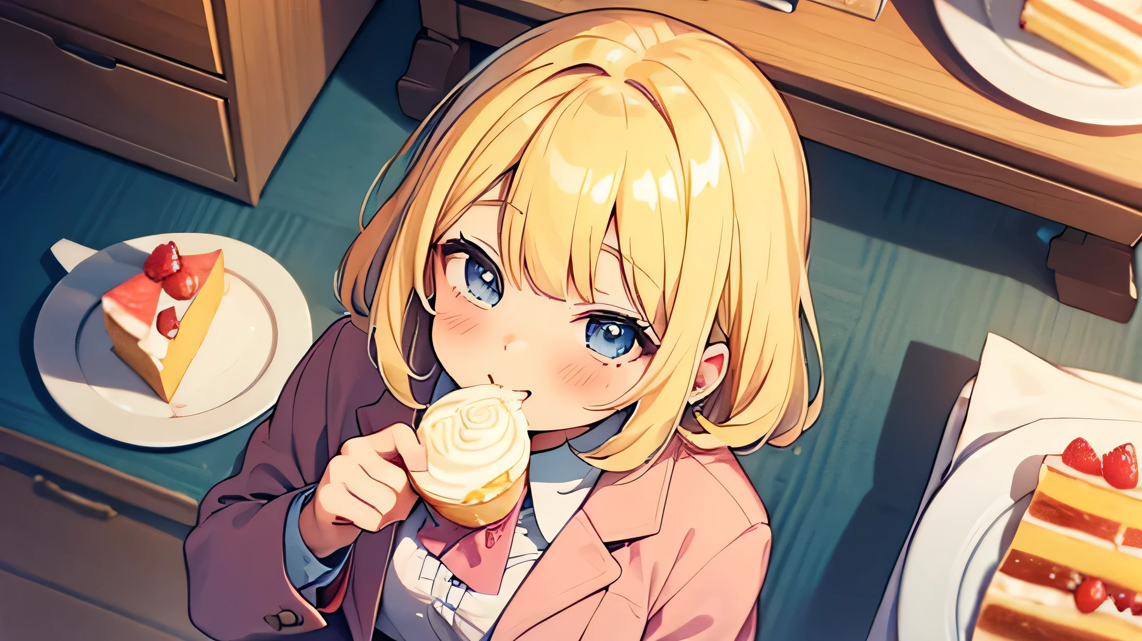 ((From above:1.5)), From above, Looking down、A lot of sweets"A cute, chubby high school girl with blonde bob hair, wearing a blazer . She has a blushing face and is biting into a cake with one hand. Her figure is plump with a noticeable big chest. The background is filled with various sweets like cakes, candies, and pastries. The overall atmosphere is sweet and cheerful."