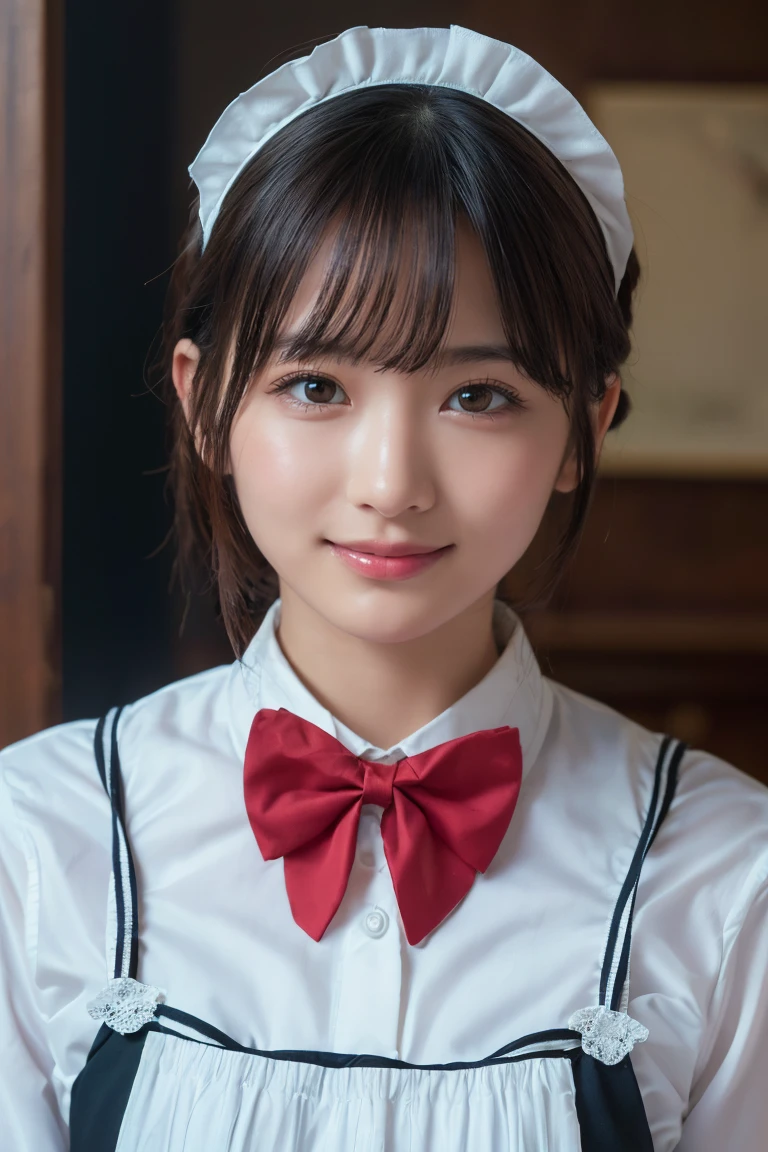 (8k, RAW Photos, Highest quality, masterpiece:1.2), High-definition RAW color photos, Professional photos, Cowboy Shot, (Realistic, photo Realistic:1.37), ((Highest quality)), 1 adult female, Cinematic Light, (Detailed painted face:1.2), (masterpiece:1.5), (Highest quality:1.2), (smile:1.2), (View your viewers:1.2), bow tie, (Maid Details:1.2)、 (Mature)、 (Mature look)