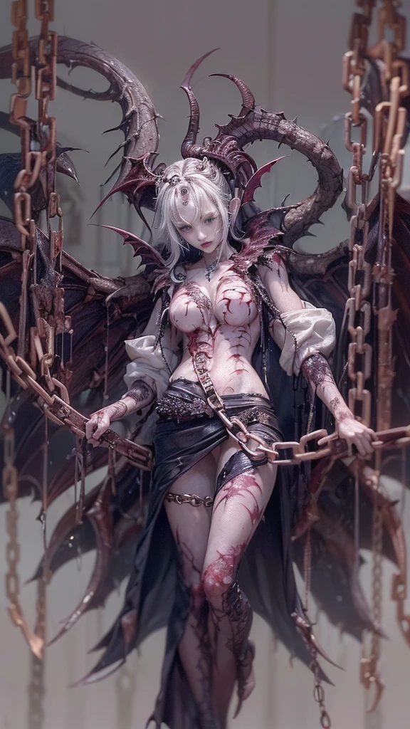 (32K:1.5, Dark fantasy:1.4, Highest quality, masterpiece, Ultra-high resolution), Perfect dynamic composition:1.3, Horror Portrait, chaos, Dark Background:1.3, Prisoner, slave, Dark Demon World, evil, (Detailed tattoos on the whole body:1.4, wearing exquisite jewelry:1.4), Very detailedな肌と顔の質感:1.3, Very accurate, Very detailed, (Sexy succubus demon with big wings:1.3, Incredibly slim body:1.3, beautifully、aesthetic:1.3), Horn, Fair skin, Sensual posture, ((Putting Badly Torn Clothing Back on Properly:1.3)), Medium chest, (Big eyes that exude eroticism:0.4, Feel the stimulating caress:1.0, Open your mouth a little, lipstick, Feel the eroticism:0.9, Too sexy:0.9, charm的な:0.9), ((Bloody:1.5, Covered in scars:1.5, Necrosis:1.6, Lots of chains:1.6, Countless chains tangled in clothes:1.6, Chain your right arm:1.5, Chain the left arm:1.5, The right leg is bound with a shackle and chain:1.5, The left leg is bound with a shackle and chain:1.5)), Super long blonde curly hair, Earrings, necklace, bracelet, romantic, mysterious, elegant, Object of admiration, original, dramatic, artistic, Innovative, charm, Heartful, Fancy, sense of openness, sense of cleanliness, special, exciting, grotesque, Extreme, Tilt, sense of loss, sorrow, sorrowの表現, ((evilのcharm, 女性的なcharm))