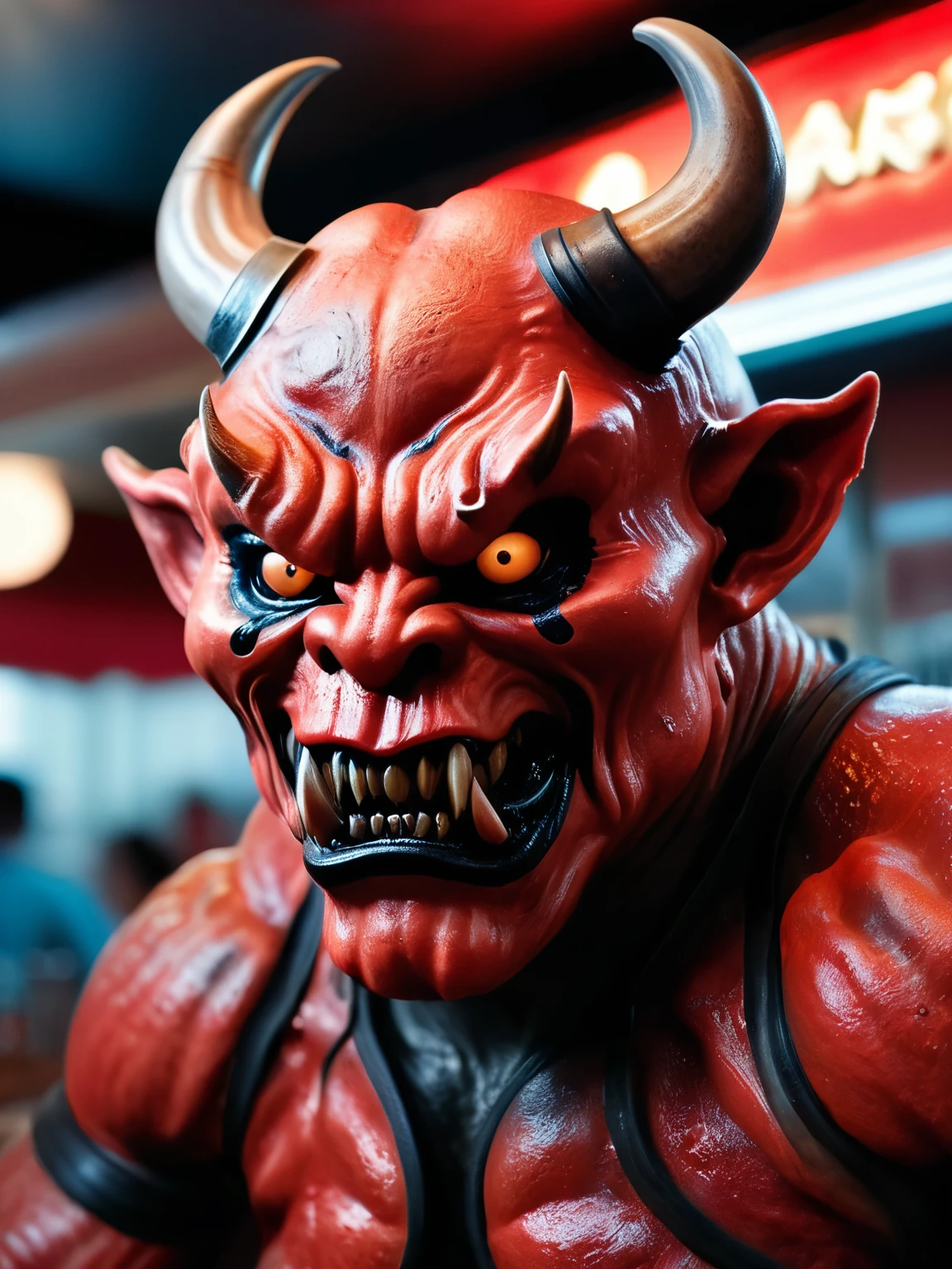 hyper realistic and highly detailed, an otherworldly horror oni creature, half body portrait, cinematic, movie still, captured in the style of Sony Alpha A7 III camera, working at American diner