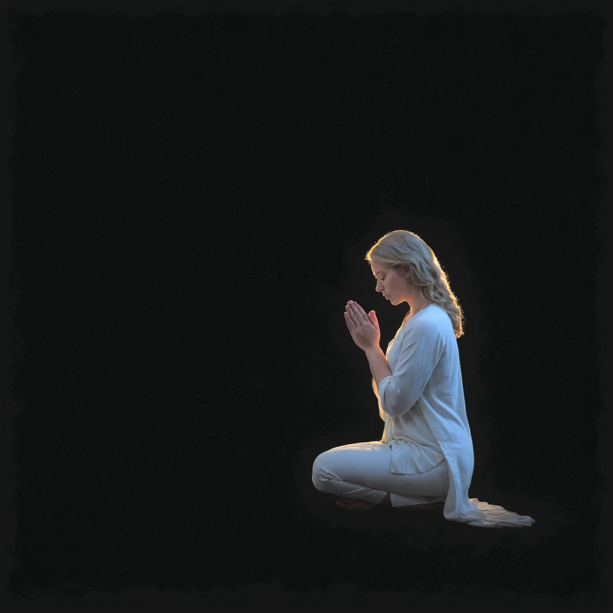 there is a woman sitting on the ground and pray, Kneel in prayer, pray posture, pray meditating, Kneel, Kneel and looking up, Black Background, pray, No text, Sitting pose, doing a prayer, Meditation pose, Inspired by Gerard van Honthorst, Black dark background, Meditation pose, Black Backgroundに