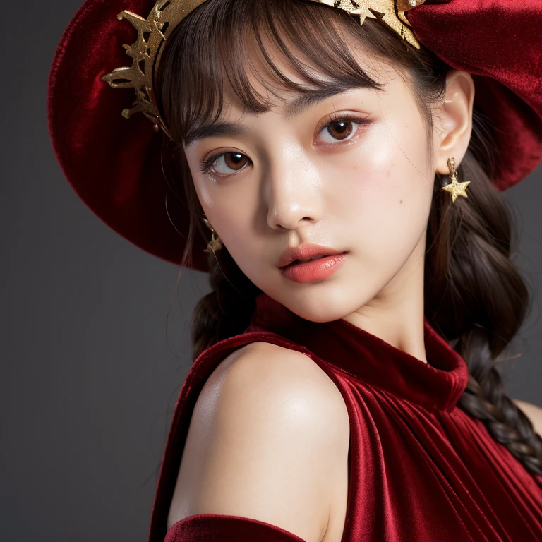 ((extreme detail)),(ultra-detailed), extremely detailed CG unity 8k wallpaper, velvet, figurine, red hood, crop top, star headdress, puffy sleeves, lips, looking away, close-up, head turn, black background