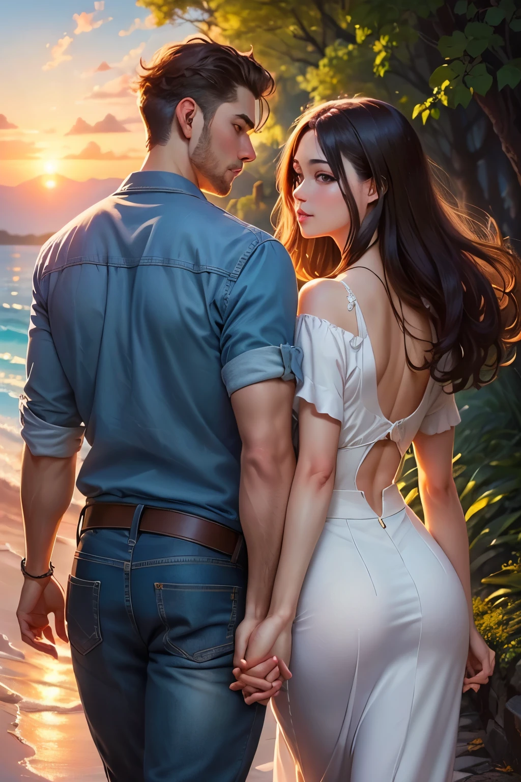 ((best quality)), ((masterpiece)), (detailed), Lovers at sunset, bald man and brunette woman holding hands, back view, nature around, (Artgerm inspired:1.2), (pixiv contest winner:1.1), card game illustration, thick brush, HD anime wallpaper, 8k resolution