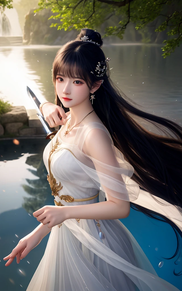 best quality,masterpiece,highres,cg,
1girl,weapon,sword,long hair,dress,water,solo,jewelry,white dress,earrings,hair ornament,splashing,upper body,hair bun,black hair,
lighting,candid,Photograph,high resolution,4k,8k,Bokeh,