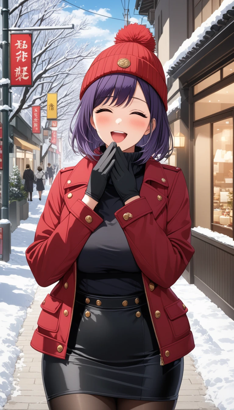 Expressiveh, masterpiece, best quality, ultra-detailed, higres, Kurokawa Akane, 1girl, solo, beautiful and perfect face, purple hair, medium hair, laugh, closed eyes, open mouth, blush, looking at viewer, hand covering mouth, beanie, black high-collar shirt, black skirt, red fur coat, gloves, pantyhose, large breasts, curvy, wide hips, standing, from front, outdoors, in the city by the road, snow scene in winter