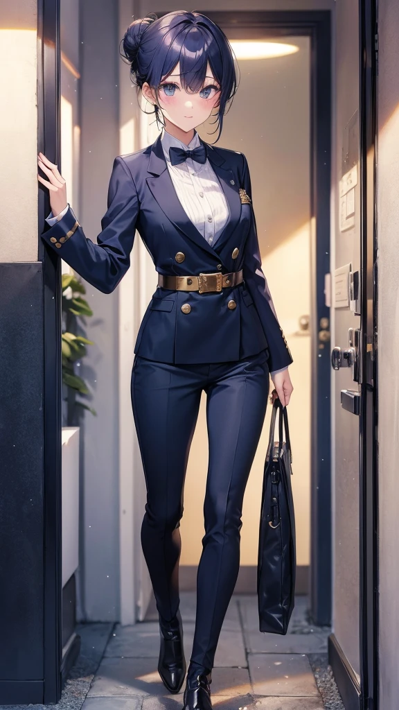 //Character
1girl,
BREAK
//Fashions
Clock Tower Guardian Uniform
This style blends the formality of a uniform with clock-themed elements for a striking look, The outfit features a fitted, double-breasted blazer in midnight blue with brass buttons shaped like clock faces, The blazer has gold embroidery along the cuffs and lapels, with intricate clockwork designs, Underneath, a crisp white dress shirt with a high, stiff collar and a navy blue tie with small clock prints adds to the uniform aesthetic,
BREAK
The outfit is completed with tailored, high-waisted trousers in matching blue, tucked into polished black ankle boots, Accessories include a wide leather belt with a brass buckle shaped like a clock and a pocket watch on a chain that clips to the blazer, Hair is styled sleekly back or in a tidy bun, and makeup is minimal, focusing on a polished look with bold eyeliner and red lips, This outfit is perfect for formal events, cosplay, or themed parties,
BREAK