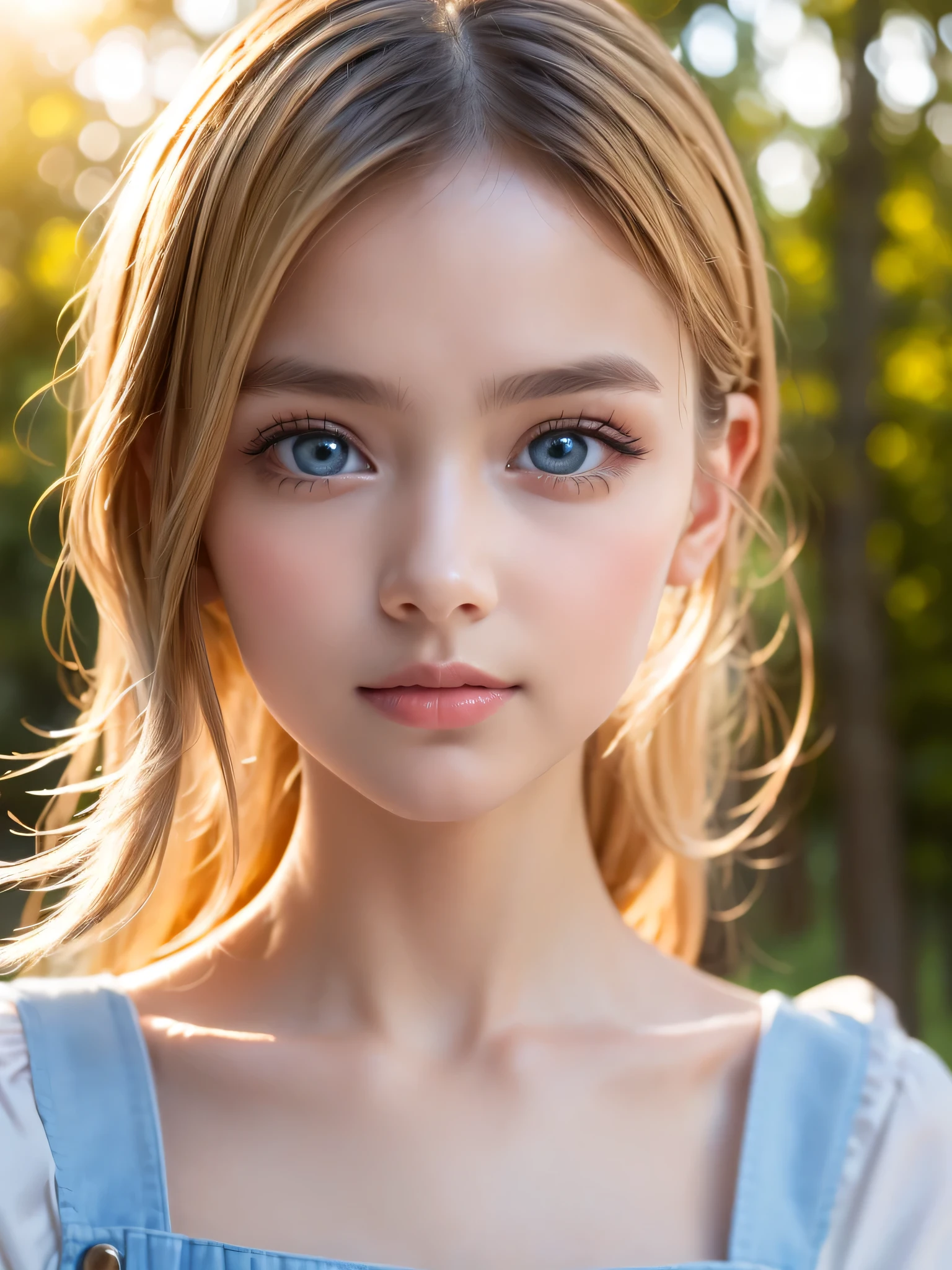 One Girl，(1人のとてもcute女の子:1.3)，masterpiece，Highest quality，High resolution，From below，Low - Angle，Photorealistic，RAW Photos，Ray Tracing，Physically Based Rendering，beautiful girl，(12 years old:1.3)，cute，Big Blue Eyes，(detailed pupils:1.2)，(Face turned to the side:1.3)，Body facing sideways，Beautiful nose，Upturned nose，Fuller lips，Platinum Blonde Hair，Detailed eyelashes，Thin eyebrows，Very fine grain definition，(Symmetrical eyes，Golden Ratio:1.3)，(Face close-up，Face Focus:1.0)，Small breasts，Short neck，Light blue dress，White apron，forest，Alice in Wonderland，Spring sunlight，Soft Light，Portrait，Look to the side，Upper Body，Cinema Lighting，High resolution，Very detailed