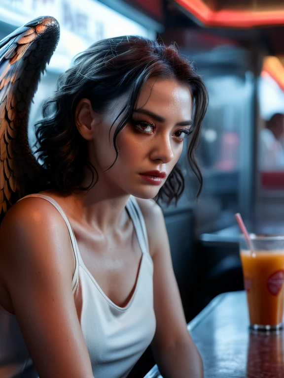 hyper realistic and highly detailed, an otherworldly horror female fallen angel creature, half body portrait, cinematic, movie still, captured in the style of Sony Alpha A7 III camera, working at American diner