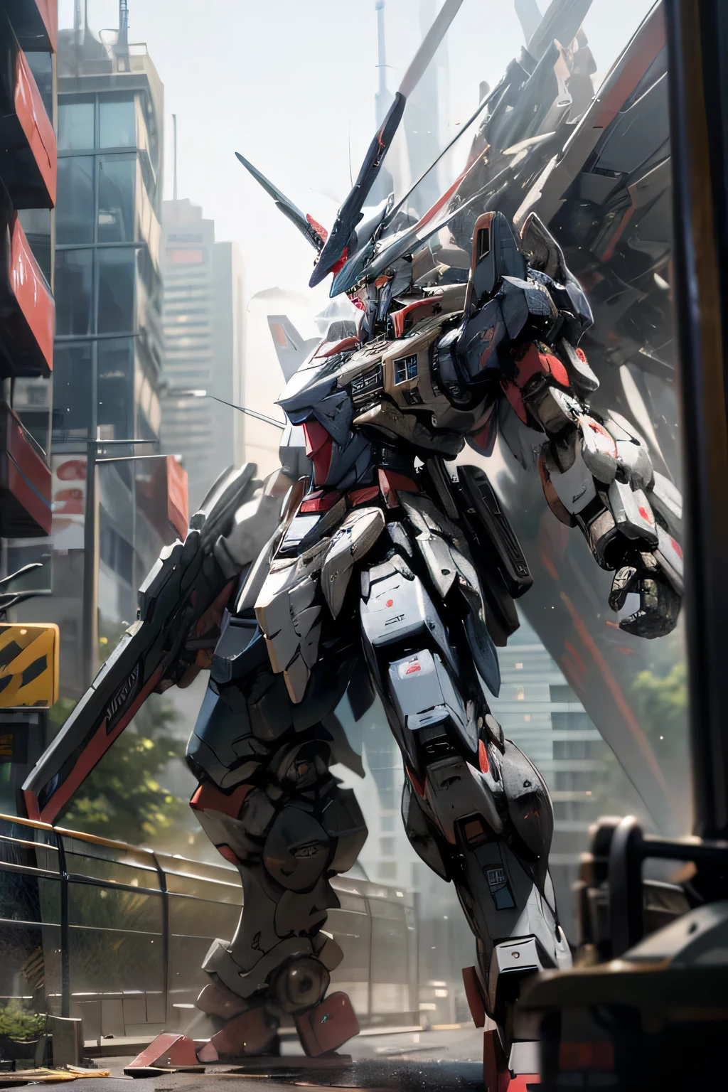 mecha, gundam, ninja, gunmetal, high tech, patlabor, city, absurdres, high res, ultrasharp, 8k, masterpiece