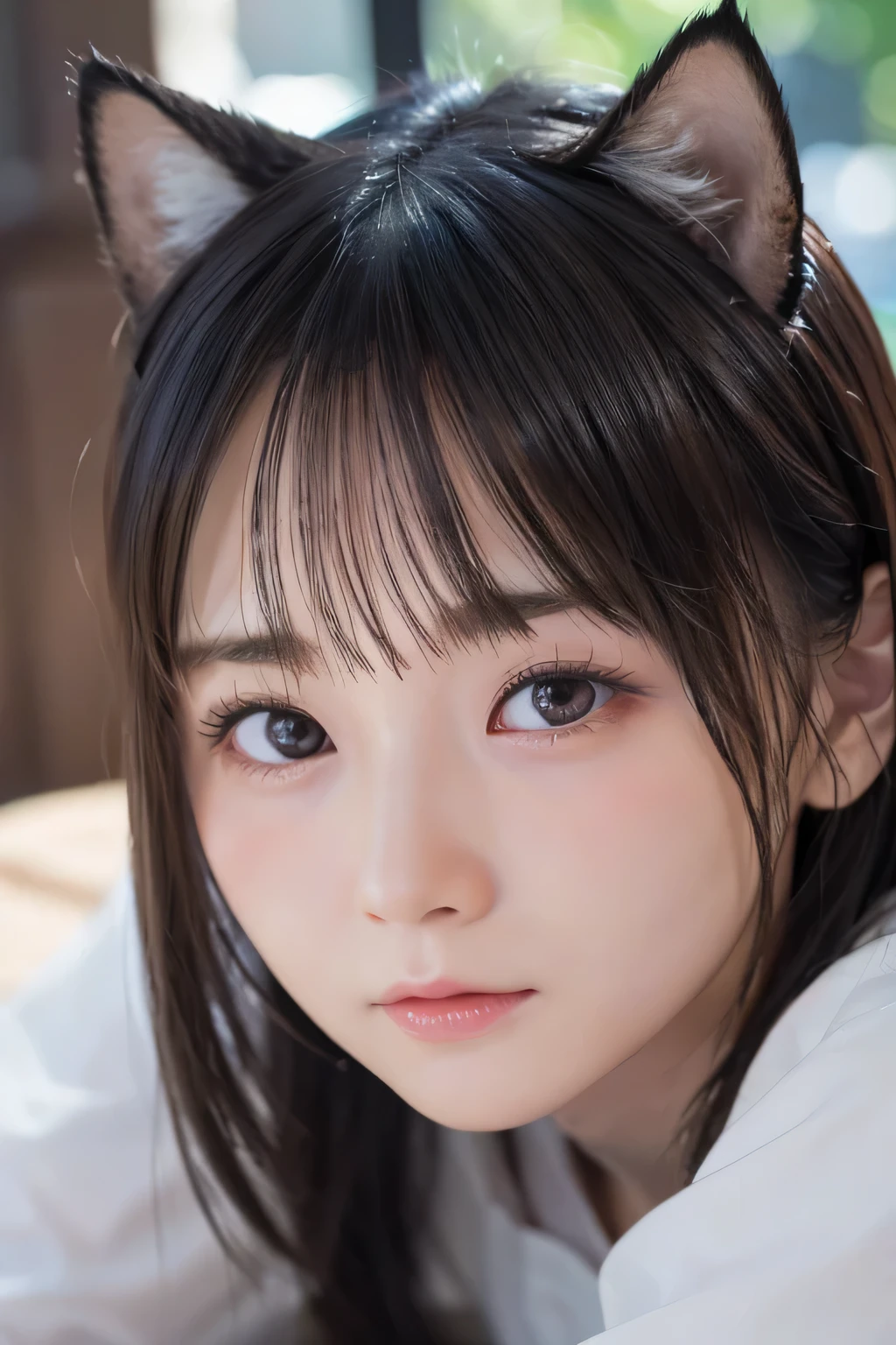 (8k, RAW Photos, Highest quality, masterpiece)、Anatomically correct、slim、cute、Baby Face、One Girl、(************)、(Close-up shot of face:1.33)、(Pin Light, Backlight, Backlight, Cinematic Light), Sharp focus:1. 4, (Hyper Detail, In detail), ,,Cat ears style, small, Fuller lips, まっすぐでcute鼻, Cheekbones are a little red, thick eyebrows and long, Beautiful eyelashes.Keep your chin on the table