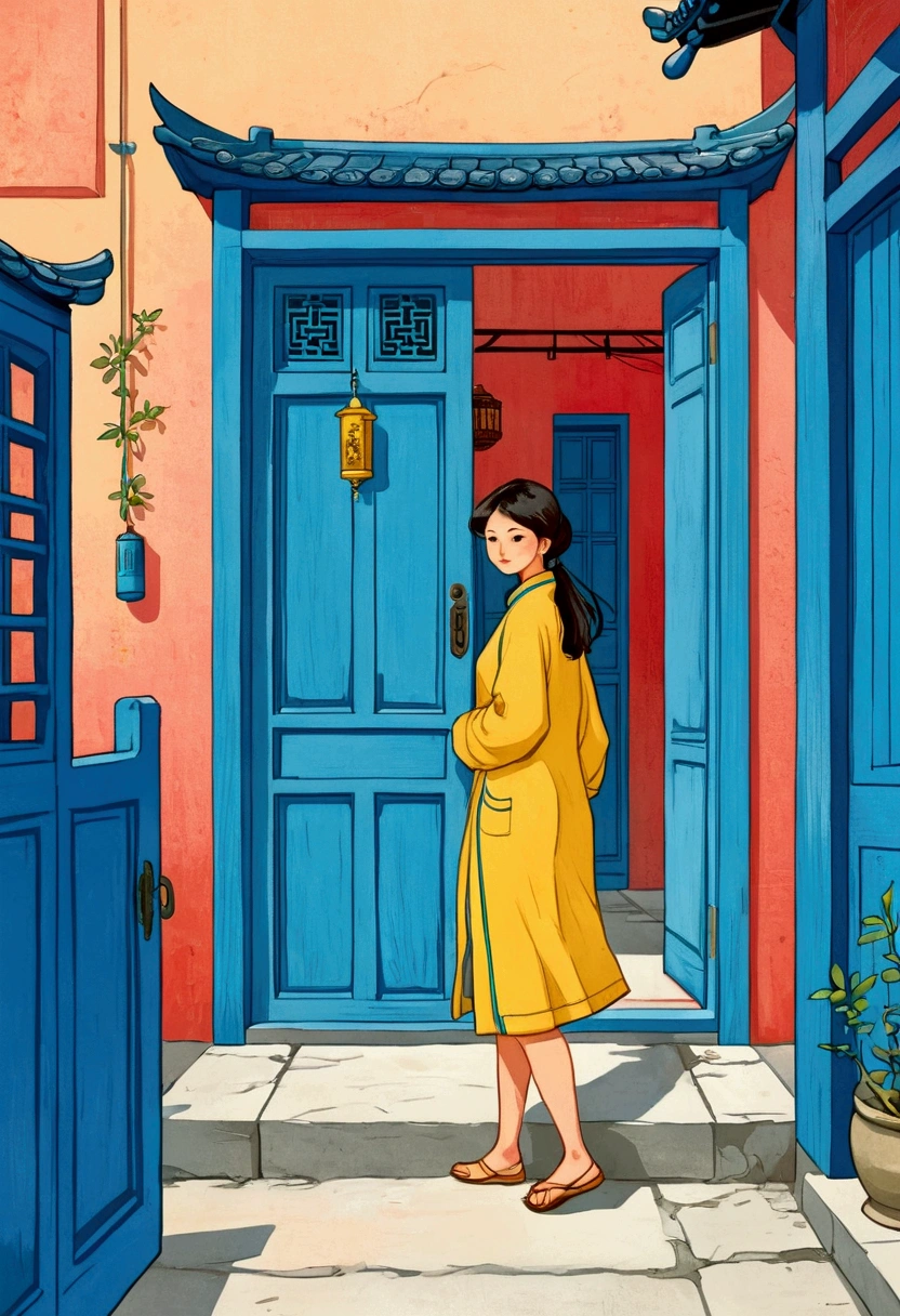 A woman walks in front of a blue door, Chinese Girl, Color illustrations, full Color illustrations, Color illustrations, Colorfull illustration