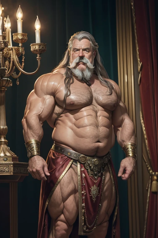 Hyperrealistic image of a steampunk ballet dancer merman superhero with gray hair and very long hair very old and very sweaty bodybuilder over 80 years old.very muscular and fat He weighs more than 200 kilos with a bare torso, large flabby pectorals, brown nipples and large gray mustaches standing in the middle of a stage with a Victorian red velvet curtain in the background and many bronze candelabras wearing a velvet and satin loincloth with gold embroidery 