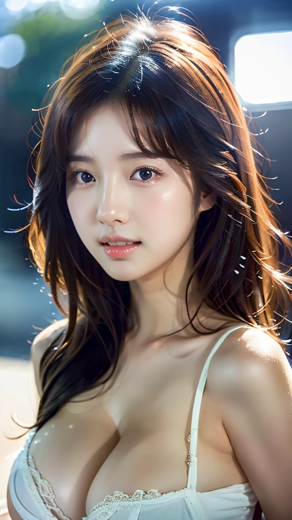 Beautiful Korean girl, sexy, the most beautiful face, long hair, blemish eyes, big breasts, beautiful, white, white skin, high quality, realistic, bigc background.