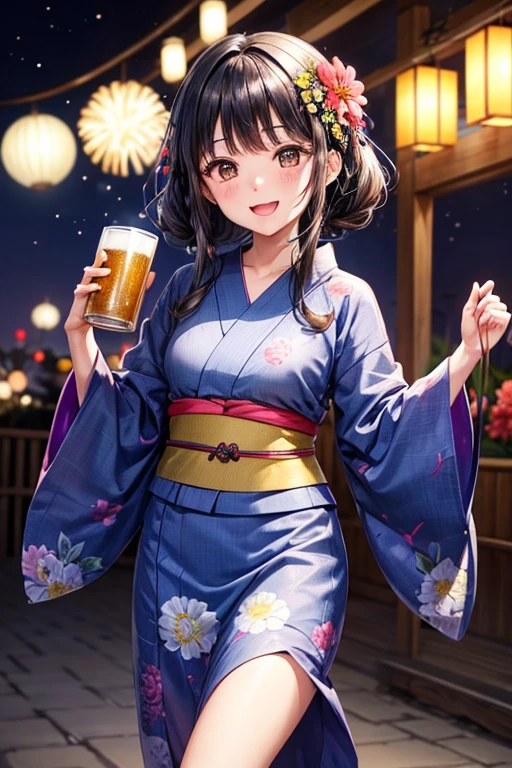 One adult woman,Small ,Black Hair,Medium Long,flower_hair ornaments,Dark brown eyes,light blue_yukata,flower柄_yukata,night,firework,A very happy expression,Mouth wide open,smile,Toasting with beer
