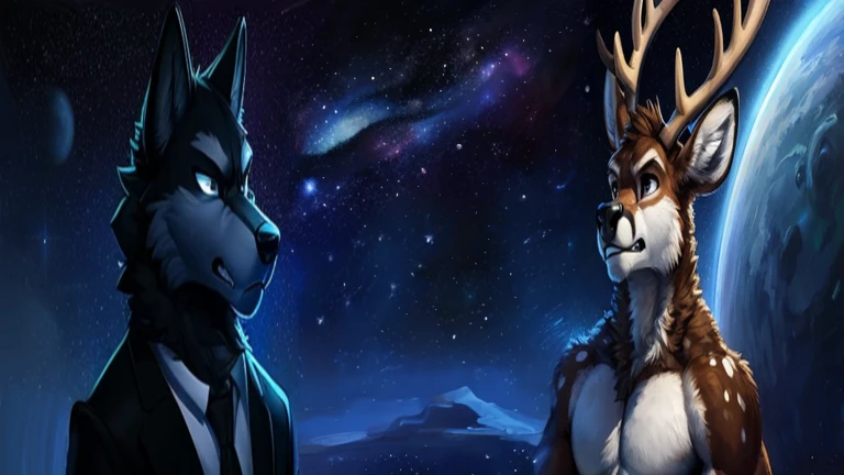 ((with stars and a space background looking off towards the distance at some entity that is in the background))