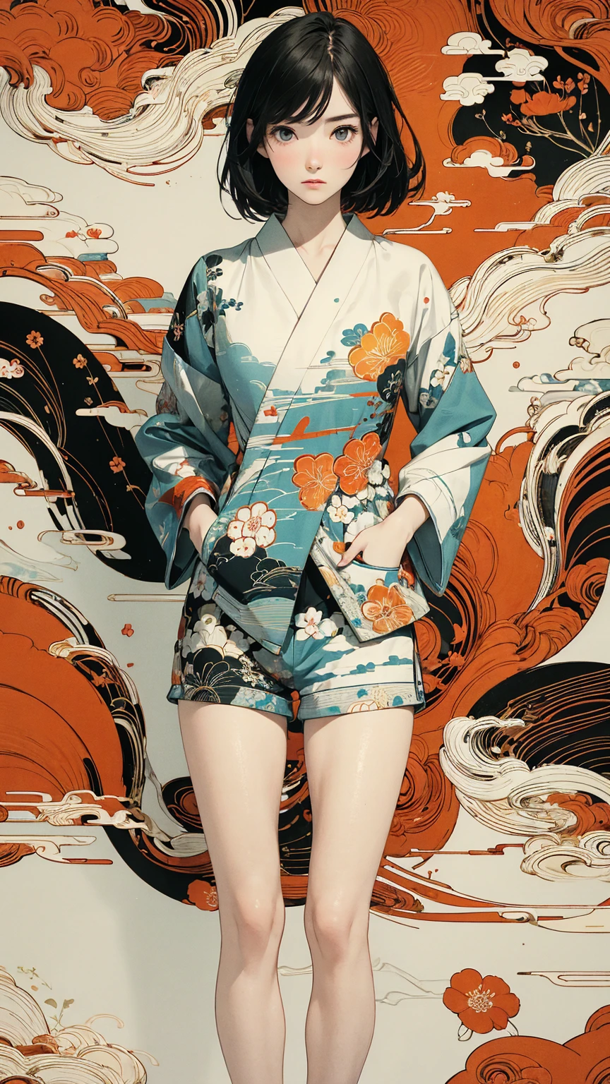 (masterpiece, High resolution, Highest quality), 20-year-old woman, Hands in pockets:1.3, Coordination of Japanese patterned haori and micro mini shorts:1.2, Petal Collage, abstract design, artistic juxtapositions, And handle background, warm color, mixed-media approach, Anime Style, Simple lines, Digital Painting,