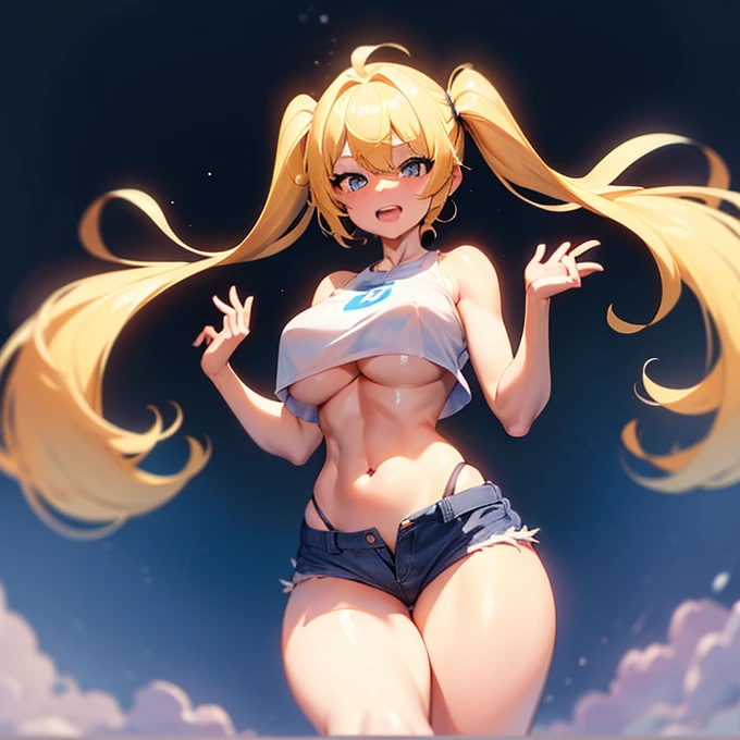 One girl, naked,Short girl, Blonde, Twin tail hair, Huge breasts, Thick thighs, Laughing with your mouth open, tooth, Underboob crop top, Raise the hand, Skinny jeans