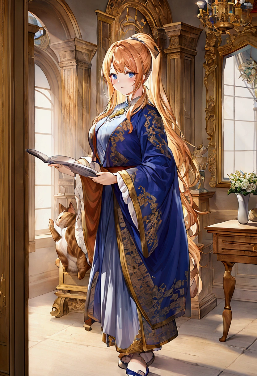 The drawing is of the highest quality, extremely clear, the highest degree of detail, maximum attention to detail, a fat ginger cat, standing on its hind legs, half-turned, wearing a blue robe embroidered with gold stars, standing in front of an old carved bureau and mahogany, and making notes in old scrolls, behind it is an old telescope decorated with bronze, on the walls of the room made of rough gray stone are old engravings depicting constellations.