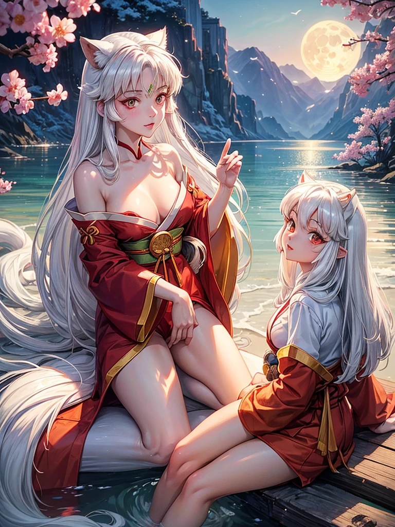 The character Inuyasha from the anime Inuyasha. 
He was female, with ample breasts and hips, With golden eyes, white hair and had a fluffy fox tail. 
She sat on the shore of the lake under the moon. 
Iconic red kimono with long sleeves and white patterns. 
There was a star mark on his forehead, and on the cheeks there are pointed stripes. 
