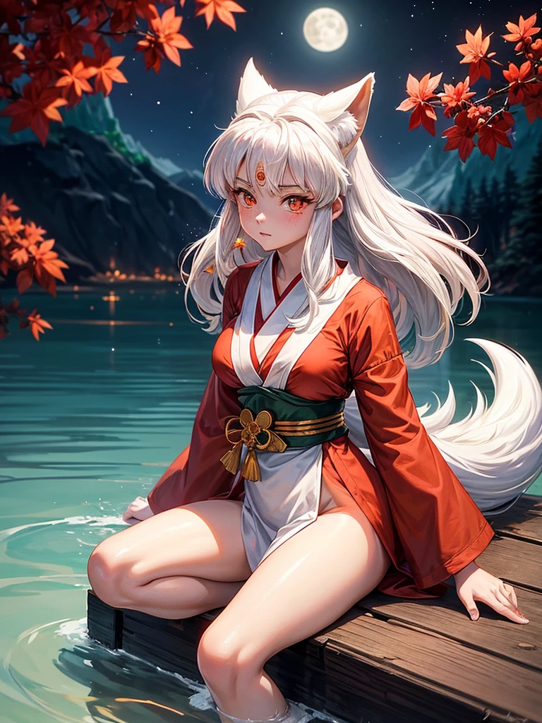 The character Inuyasha from the anime Inuyasha.
He was female, with ample breasts and hips, With golden eyes, white hair and had a fluffy fox tail.
She sat on the shore of the lake under the moon.
Iconic red kimono with long sleeves and white patterns.
There was a star mark on his forehead, and on the cheeks there are pointed stripes.