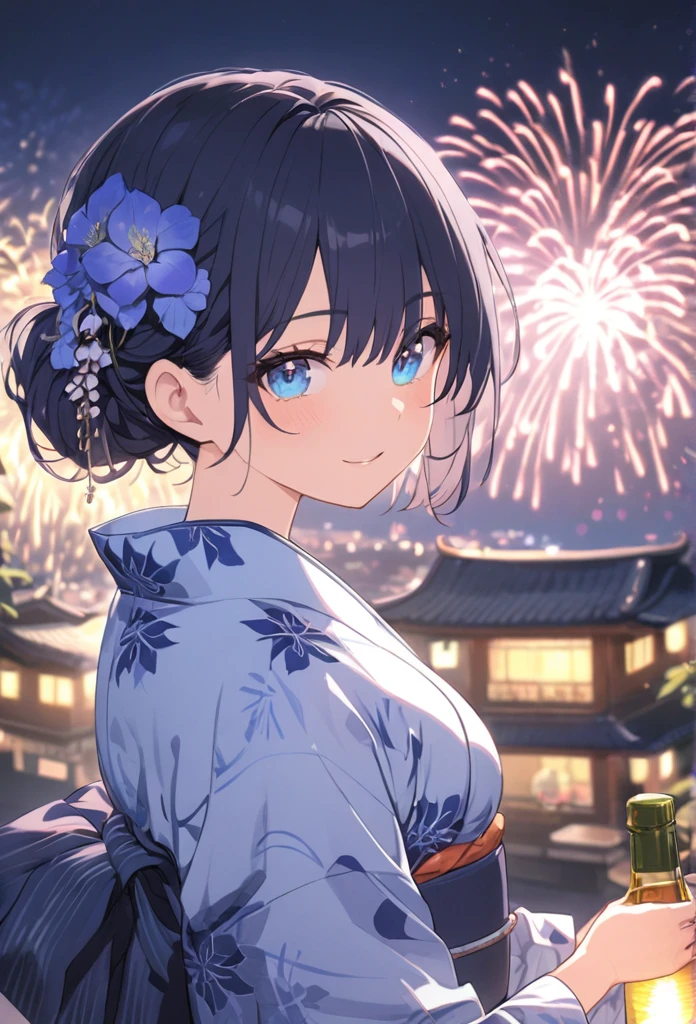 Navy Blue Hair,Blue Eyes,night,mash,boy,yukata,firework