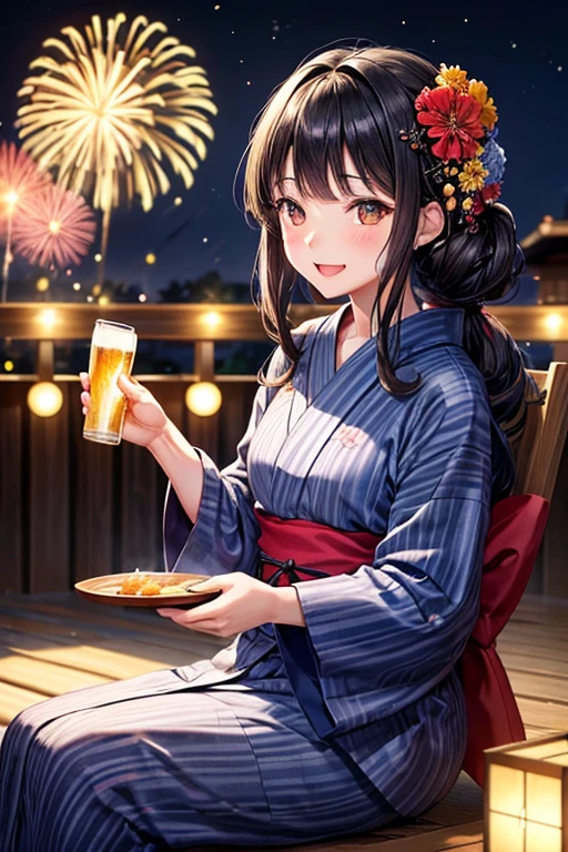 One adult woman,Small ,Black Hair,Medium Long,flower_hair ornaments,Dark brown eyes,light blue_yukata,flower柄_yukata,night,firework,A very happy expression,Mouth wide open,smile,Toasting with beer,Sitting,Facing forward