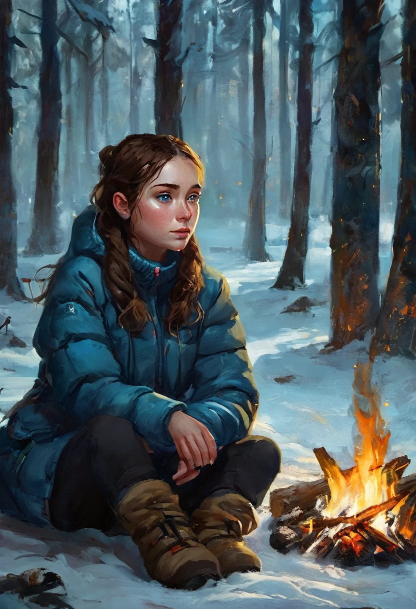 A girl with shoulder-length wavy brown hair, a short ponytail on the back of her head, and blue eyes, the girl has freckles and is in the foreground . This girl is sitting by a campfire in a dark, frightening winter forest. The girl wears warm winter clothes and equipment.