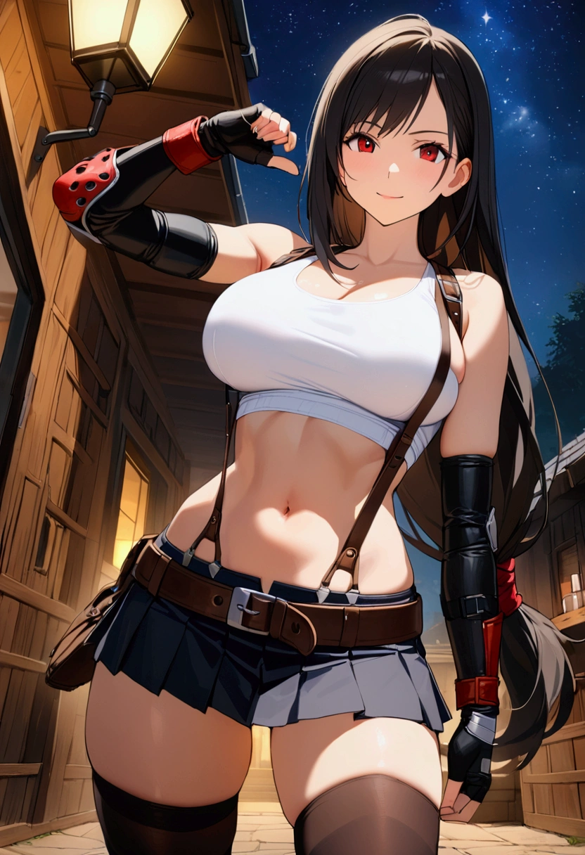 score_9,score_8_up,score_7_up,BREAK source_anime, masterpiece, best quality, (recent), perfect anatomy, very aesthetic,photorealistic,　mediumshot,Solo,1girl, tifa lockhart, final fantasy,black hair, low-tied long hair, red eyes, bangs, (white tank top,gap),(High exposure)，the ribs,,(belt, pleated skirt, thighhighs, elbow fingerless gloves, elbow pads, midriff, navel,suspenders.skirt),beautiful waist ,(large_breast:1.3),light smile,outdoor,star sky,night, skin tight, looking at viewer, depth of field、beautifully lit,great lighting　　