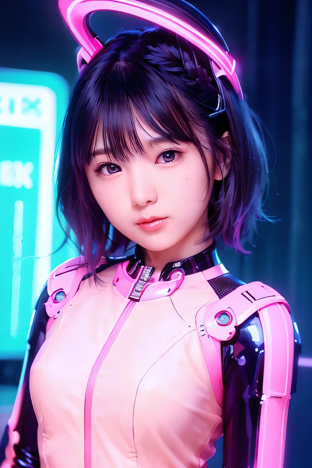 Neon Noir Beautiful Female Semi-Robot, cyber punk, Neon Pink, Backstreets, Neon Signs, Low contrast, Low light, Very detailed, neon blue ash color hair, (slim)、Flat Body、、cute、Round face、Background Blur、((Headshot closeup))