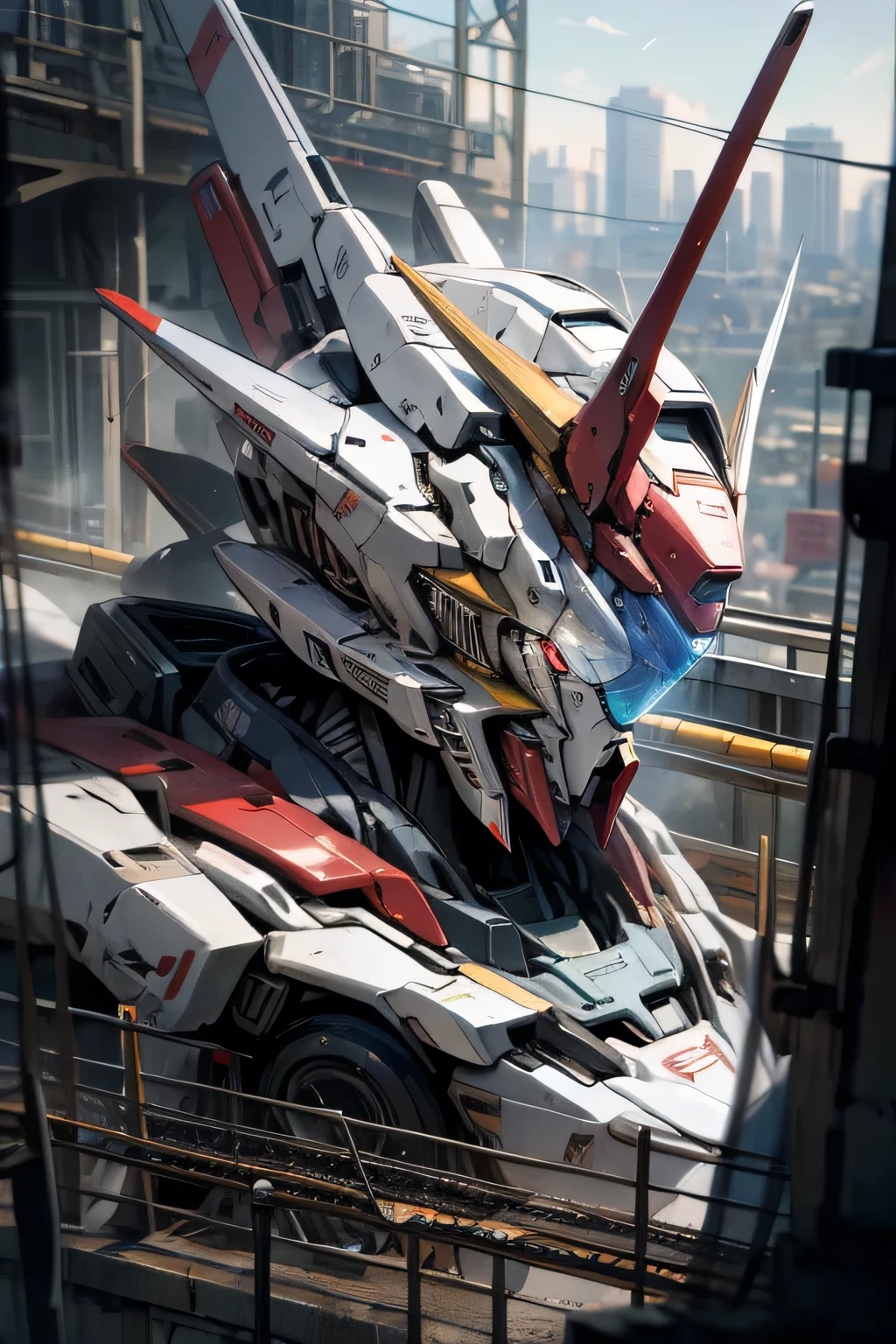mecha, gundam, gunmetal, high tech, patlabor, city, absurdres, high res, ultrasharp, 8k, masterpiece