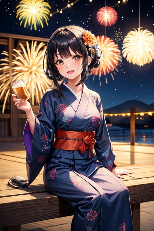 One adult woman,Small ,Black Hair,Medium Long,flower_hair ornaments,Dark brown eyes,light blue_yukata,flower柄_yukata,night,firework,A very happy expression,Mouth wide open,smile,Toasting with beer,Sitting,Facing forward,Looking this way,night