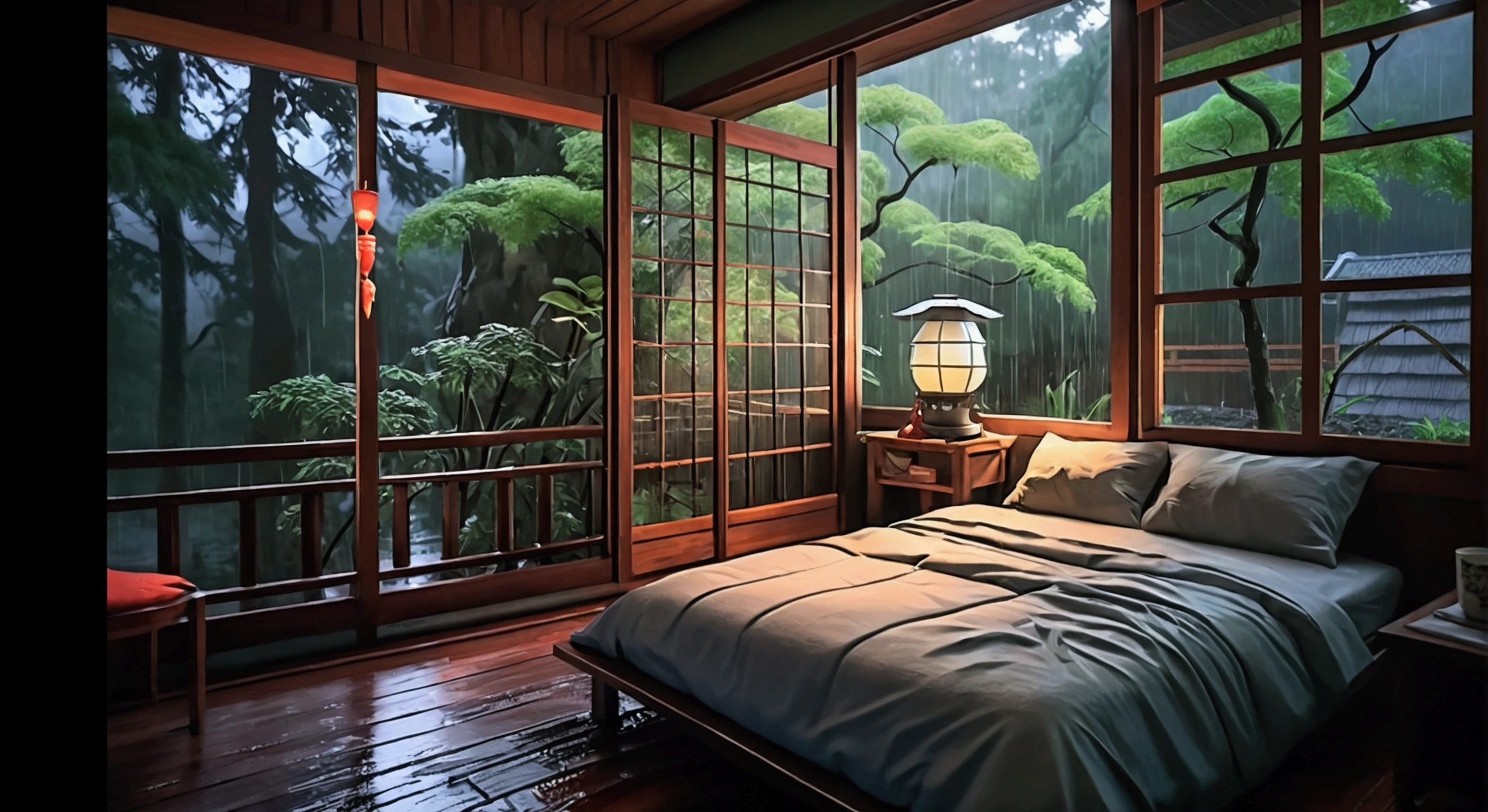 a bed sitting inside of a bedroom next to a window, a digital painting, inspired by Shūbun Tenshō, Artstation Contest Winner, ukiyo-e, at evening during rain, photo realistic image, anime nature