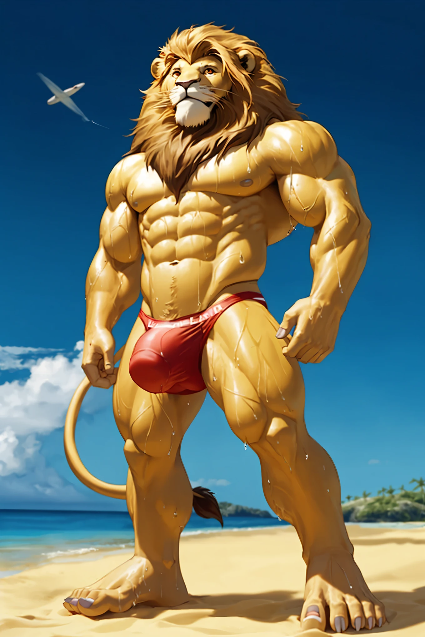 Lifesaver Lion、Sideways penis silhouette、Male lion、Beach Background、Tropical Island、Golden Mane、Beach、Hands touching the crotch、Red underwear with huge bulging crotch、Metallic underwear、Very small bikini、Hands on crotch pose、Completely naked、Very wet body、Very beautiful abs、Developed muscles、Golden big eyes、Sharp toenails,、Composition looking up from below、Contrail、White teeth