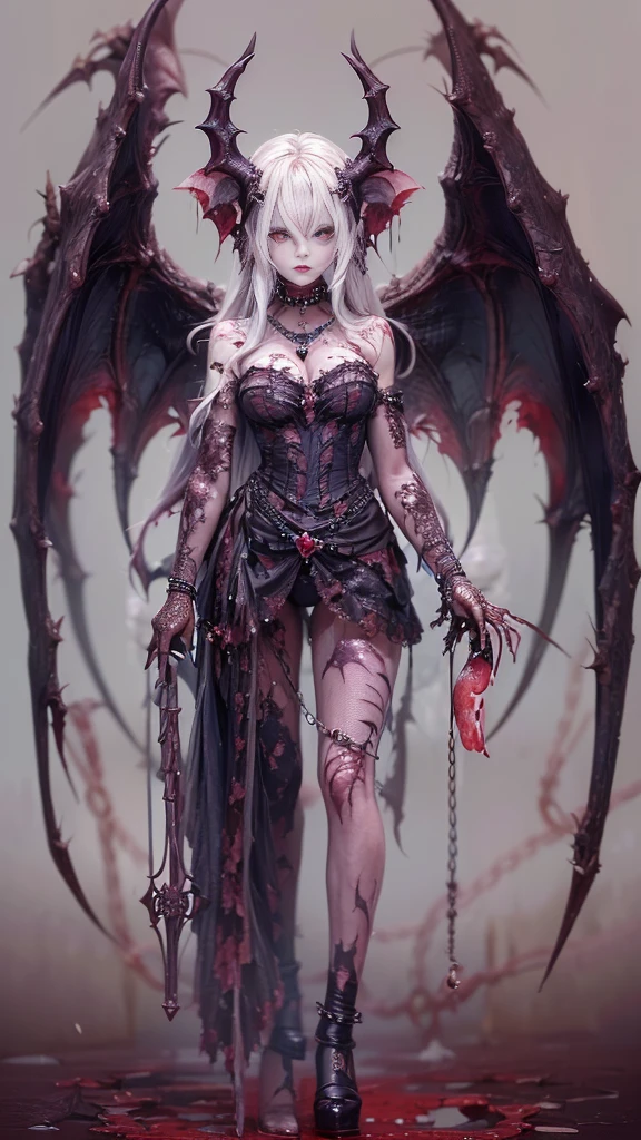 (32K:1.5, Dark fantasy:1.4, Highest quality, masterpiece, Ultra-high resolution), Perfect dynamic composition:1.3, Horror Portrait, chaos, Dark Background:1.3, Prisoner, slave, Dark Demon World, evil, (Detailed tattoos on the whole body:1.4, wearing exquisite jewelry:1.4), Very detailedな肌と顔の質感:1.3, Very accurate, Very detailed, (Sexy succubus demon with big wings:1.3, Incredibly slim body:1.3, beautifully、aesthetic:1.3), Horn, Fair skin, Sensual posture, ((Putting Badly Torn Clothing Back on Properly:1.3)), Medium chest, (Big eyes that exude eroticism:0.4, Feel the stimulating caress:1.0, Open your mouth a little, lipstick, Feel the eroticism:0.9, Too sexy:0.9, charm的な:0.9), ((Bloody:1.5, Covered in scars:1.5, Necrosis:1.6, Lots of chains:1.6, Countless chains tangled in clothes:1.6, Chain your right arm:1.5, Chain the left arm:1.5, The right leg is bound with a shackle and chain:1.5, The left leg is bound with a shackle and chain:1.5)), Super long blonde curly hair, Earrings, necklace, bracelet, romantic, mysterious, elegant, Object of admiration, original, dramatic, artistic, Innovative, charm, Heartful, Fancy, sense of openness, sense of cleanliness, special, exciting, grotesque, Extreme, Tilt, sense of loss, sorrow, sorrowの表現, ((evilのcharm, 女性的なcharm))