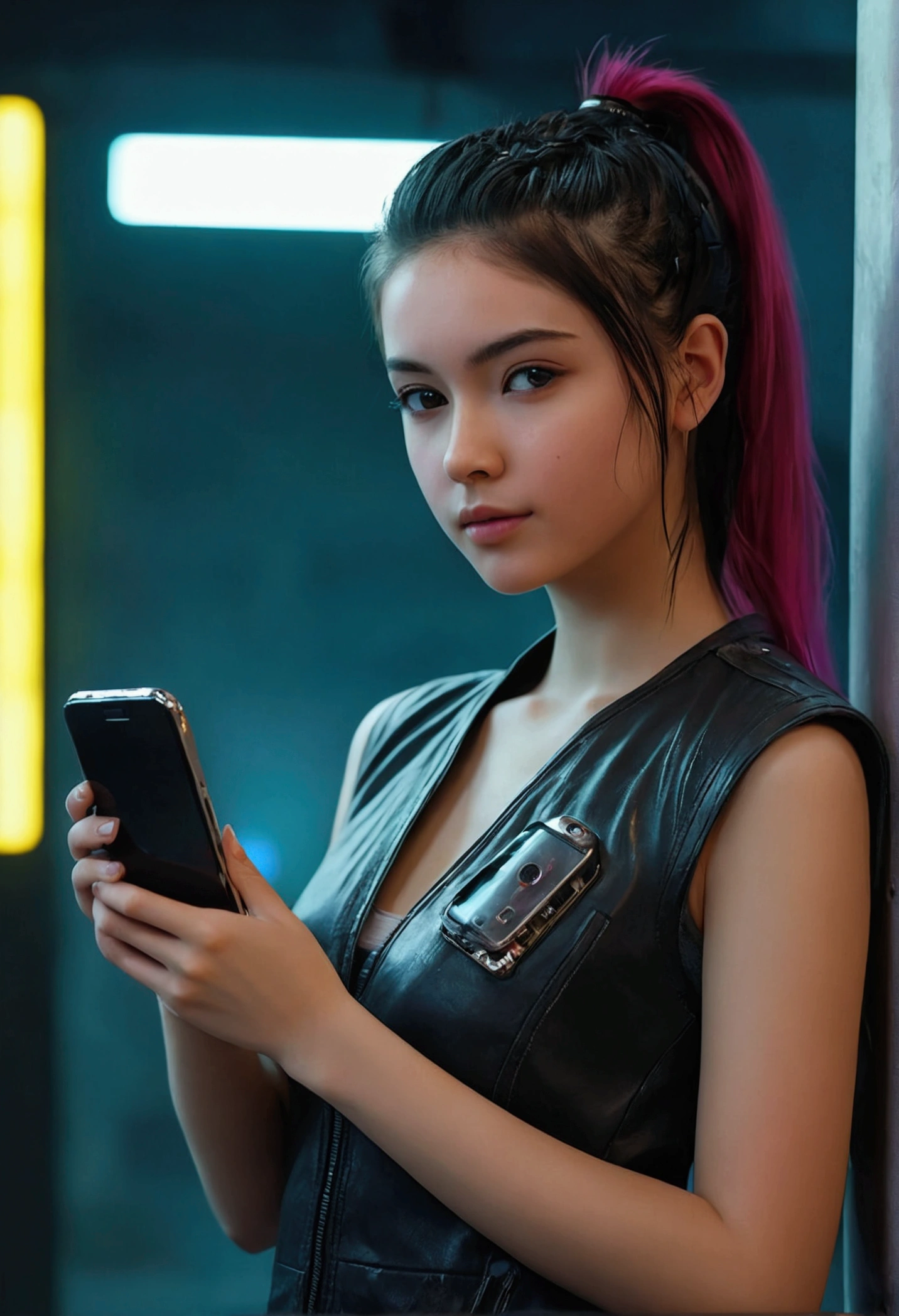 ((Beautiful girl holding a mobile phone in her hand)) 4K  8K:: Realistic::4. Cyberpunk::1 --v 4 --Quality 2  