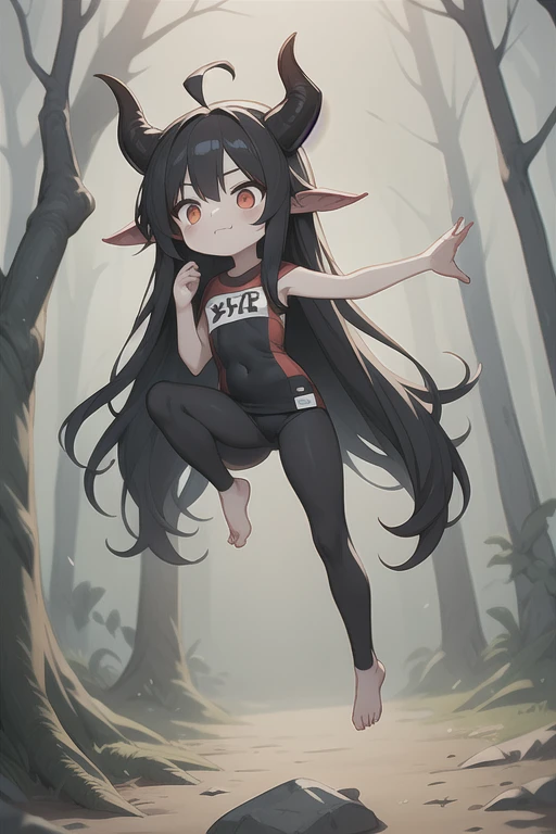 Young Girl,,Mini character,Red eyes,Black Hair,Long Hair,Dark atmosphere,Deformed character,Horns growing,Devil horns,Ahoge,Pale skin,eyes are half closed,Troubled face,Shoulder sticking out,Tight-fitting clothing,Yoga Suit,barefoot,barefoot,School Swimsuit,School swimsuit
