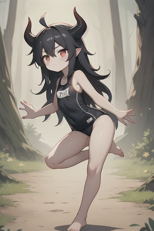 Young Girl,,Mini character,Red eyes,Black Hair,Long Hair,Dark atmosphere,Deformed character,Horns growing,Devil horns,Ahoge,Pale skin,eyes are half closed,Troubled face,Shoulder sticking out,Tight-fitting clothing,Yoga Suit,barefoot,barefoot,School Swimsuit,School swimsuit
