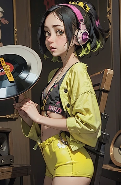 ((18-year-old punk girl)),((Green and yellow British punk fashion:1.5)),(light black hair:1.5、Messy permed hair)Studded clothing、((Holding a record:1.5))、((He has a big speaker on his back))、（Narrow and small eyes）,Wacky makeup、Breast augmentation, (masterpiece), (High resolution), (Very delicate), nightmare, Doll-like face, Manga style, Horror elements, Comic style illustration, Japanese painting, phantom, (Spooky), Japan sculpture, crazy illustration, antique, Dark atmosphere, Flat Illustration,Spookyな外観, Unique atmosphere、music、live house、Headphones
