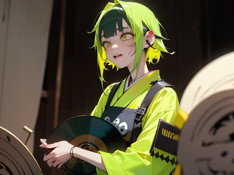 ((18-year-old punk girl)),((Green and yellow British punk fashion:1.5)),(light black hair:1.5、Messy permed hair)Studded clothing、((Holding a record:1.5))、((He has a big speaker on his back))、（Narrow and small eyes）,Wacky makeup、Breast augmentation, (masterpiece), (High resolution), (Very delicate), nightmare, Doll-like face, Manga style, Horror elements, Comic style illustration, Japanese painting, phantom, (Spooky), Japan sculpture, crazy illustration, antique, Dark atmosphere, Flat Illustration,Spookyな外観, Unique atmosphere、music、live house、Headphones
